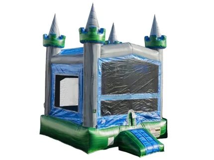 Castle-themed inflatable bounce house with turrets, vibrant blue and green design, perfect for kids' events. Buy affordable, high-quality online today!