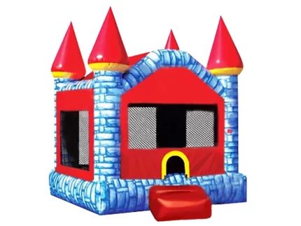 Colorful castle-themed bounce house with red turrets, blue stone pattern, mesh sides, and entry step. Perfect for kids' events. Buy online today!