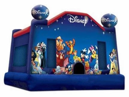 Disney-themed bounce house with colorful characters, mesh sides, and spacious design. Perfect for kids' parties. Buy online for affordable prices!