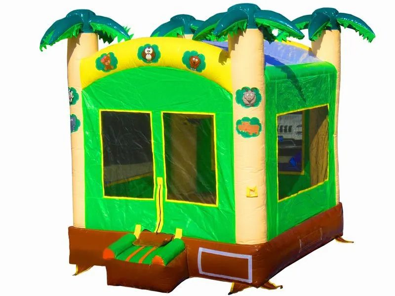 Jungle-themed bounce house with palm trees, vibrant green and yellow design, animal graphics, and entry step. Perfect for parties. Buy online now!