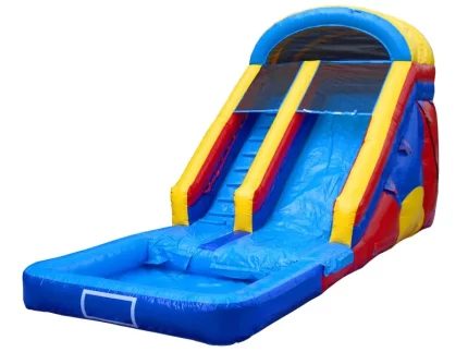 Bright inflatable water slide with red, yellow, and blue design, attached pool, and climbing ladder. Perfect for summer events. Buy online today!