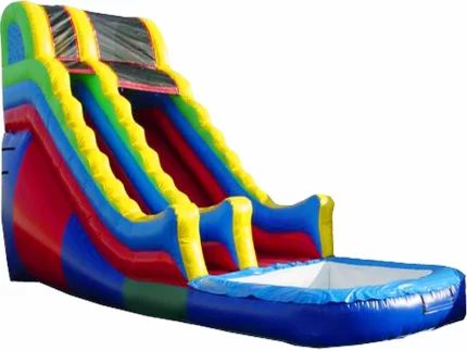Colorful inflatable water slide with dual lanes, splash pool, and vibrant design. Perfect for summer parties. Buy high-quality slides online now!