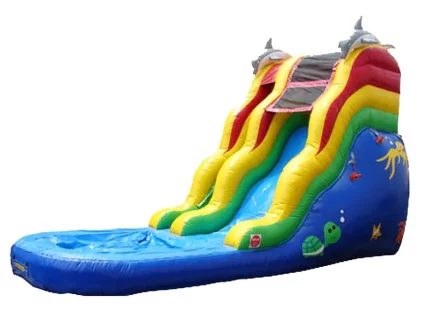 Ocean-themed inflatable water slide with bright colors, dolphin accents, and attached pool. Perfect for summer parties. Buy this fun slide online today!