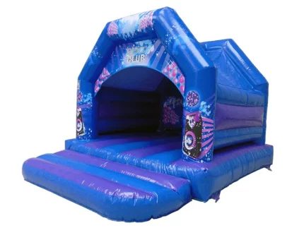 Blue disco-themed bounce house with speaker graphics and spacious design. Perfect for parties and events. Buy high-quality inflatables online now!