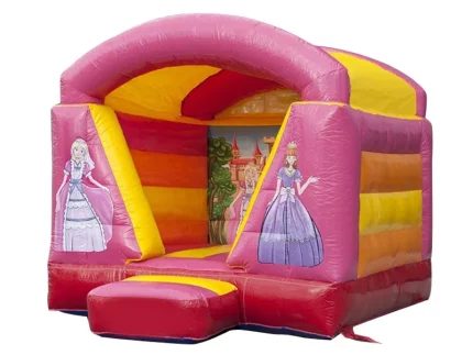 Princess-themed bounce house with vibrant pink and yellow design, castle backdrop, and spacious play area. Perfect for parties. Buy online now!
