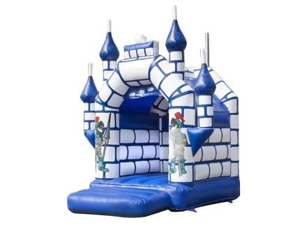 Knight castle-themed bounce house with blue and white brick design, turrets, and medieval knight graphics. Perfect for events. Buy online today!
