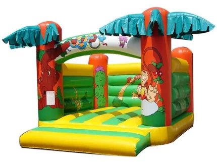 Jungle-themed inflatable bounce house with palm tree designs, vibrant colors, and spacious jumping area. Perfect for kids' parties. Buy online now!