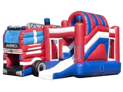 Fire truck-themed inflatable bounce house with slide, vibrant red, blue, and white design. Perfect for kids' parties. Buy online today!