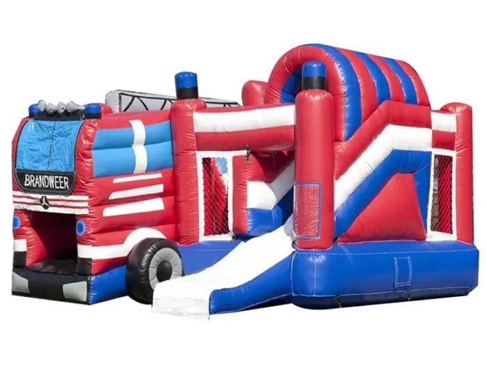 Fire truck-themed inflatable bounce house with slide, vibrant red, blue, and white design. Perfect for kids' parties. Buy online today!